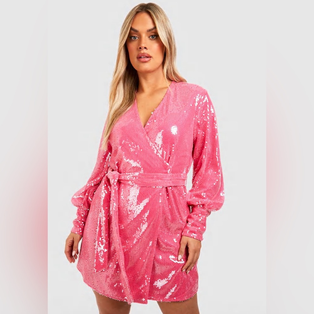 Boohoo Hot Pink Sequined Wrap Dress Size 24